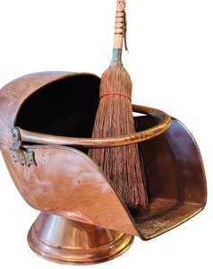 lot 722 image: Antique Copper CoalAsh Scuttle Bucket Pot and Broom