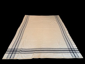 lot 724 image: Vintage Wool Blanket with Navy Plaid on Cream