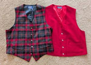 lot 655 image: Two Mens Vests - Tartan Plaid and Solid Red