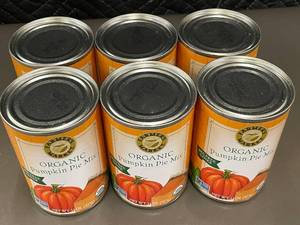 lot 5 image: Set of 6 Organic Pumpkin Pie Mix Cans