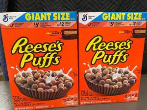 lot 105 image: 2 Boxes of Reeses Puffs Giant Size Sweet & Crunchy Corn Puffs Cereal