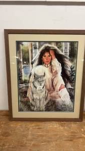 lot 15 image: 1992 Framed Artwork by Maija, Native Woman with Lynx