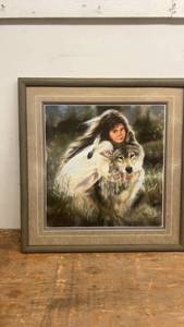 lot 19 image: Signed Framed Art by Maija with Native American Girl and Wolf