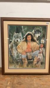 lot 20 image: Maija 1993 Limited Edition Print of Native Man and Wolves
