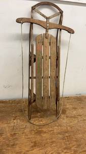lot 30 image: Vintage Wooden Sled with Metal Runners