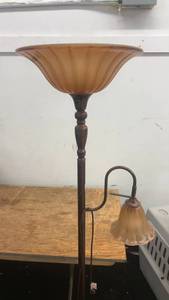 lot 57 image: Two-Light Floor Lamp with Amber Glass Shades