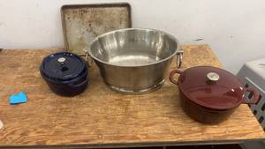 lot 60 image: Set of Cookware Staub Cocotte, Stainless Steel Pot, Enameled Cast Iron Pot
