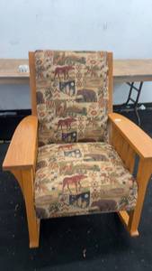 lot 94 image: Wooden Rocking Chair with Nature Print Upholstery