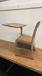 lot 107 image: Vintage School Desk with Attached Chair and Folding Writing Surface