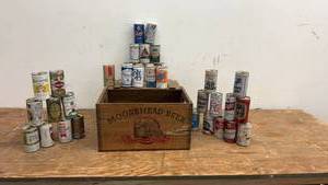 lot 113 image: Collection of Vintage Beer and Malt Liquor Cans with Moosehead Beer Crate