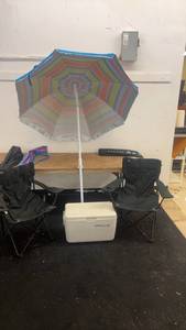 lot 118 image: Coleman Marine 48 Cooler with Beach Umbrella and Folding Chairs Set