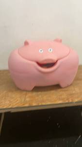 lot 124 image: Pink Hippo Toy Storage Chest with Assorted Plush Toys