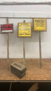 lot 135 image: Lot of 3 No Trespassing Sign Posts and Metal Box