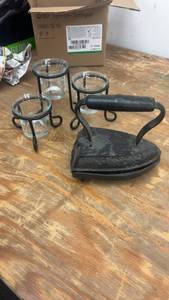 lot 137 image: Antique Enterprise Iron Co. Flat Iron with Trivet and 3 Glass Candle Holders