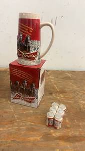 lot 140 image: 2013 Budweiser Holiday Beer Stein with Budweiser Can Salt and Pepper Shakers