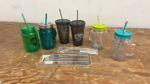 lot 153 image: Set of 6 Mason Jar Style Drink Tumblers with Reusable Straws