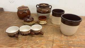lot 156 image: Collection of Vintage Brown and Beige Stoneware Crocks with Handles