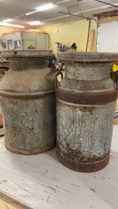 lot 162 image: Pair of Vintage Metal Milk Cans with Rustic Patina