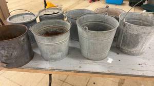 lot 163 image: Collection of 7 Vintage Galvanized Metal Buckets