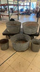 lot 164 image: Set of 5 Rustic Galvanized Metal Wash Tubs