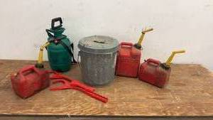 lot 169 image: Collection of Red Gasoline Cans, Metal Trash Can, and Garden Sprayer
