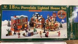 lot 172 image: 18-Piece Porcelain Lighted House Set with Holiday Decor