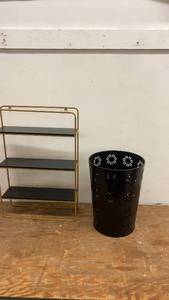 lot 182 image: Black Metal Wastebasket with Cutout Design and 3-Tier Gold Wall Shelf