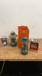 lot 183 image: Set of 3 Vintage Coleman Lanterns with Storage Box and Fuel Canister