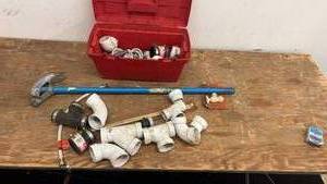 lot 184 image: Set of PVC Pipe Fittings and Metal Pipe Bender with Red Toolbox