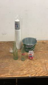 lot 192 image: Collection of Vintage Soda Bottles, Pepsi Glass, Budweiser Bucket & Stack of Cups
