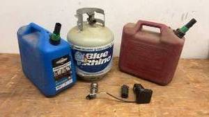 lot 194 image: Mixed Collection of Gas Cans, Blue Rhino Propane Tank, and Vehicle Parts
