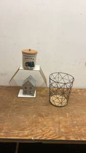 lot 196 image: Decorative Cabin-Themed Set with Candleholder, Wire Basket, and Jar