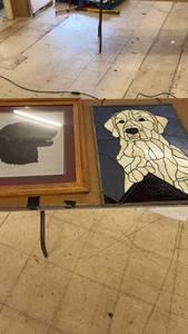 lot 212 image: Set of Two Labrador Dog Artworks - Framed Portrait and Stained Glass
