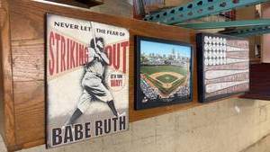 lot 242 image: Vintage Baseball Memorabilia Including Babe Ruth Plaque and Ballgame Art