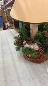 lot 262 image: Rustic Basket Lamp with Pine Decor and Assorted Collectibles Lot