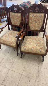 lot 267 image: Set of 2 Vintage Upholstered Armchairs with Carved Wooden Frame