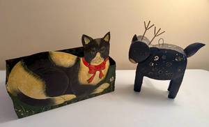 lot 40 image: Cute Metal Cat Planter and Cosmic Reindeer Tea Light Candle Holder