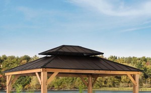 One Gazebo Top -13 ft. x 11 ft. Black Wooden Hardtop Gazebo with Galvanized Steel Double Roof