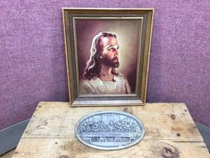 lot 290 image: Vintage Warner Sallman Jesus Litho & Pewter Last Supper