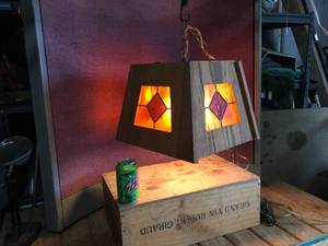 lot 294 image: Folksy Stained Glass & Oak - Hanging Lamp 14 x 14 x 12 Works