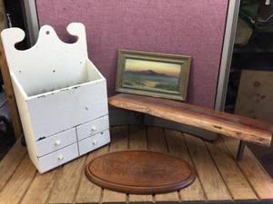 lot 332 image: Antique Wall Rack - Oil on Board - Rough Wood Shelf - Pressed Wood Picture