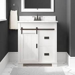 Glacier Bay Brindley 30 in. Single Sink Freestanding White Bath Vanity with White Engineered Stone Top (Assembled)  Customer Returns See Pictures
