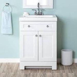 lot 4 image: Glacier Bay Everdean 25 in. Single Sink White Bath Vanity with White Cultured Marble Top (Assembled) Customer Returns See Pictures