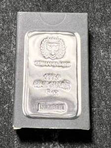 5 TROY OZ .999 FINE SILVER GERMANIA MINT BAR IN BOX
