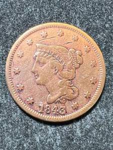 lot 34 image: 1843 US BRAIDED HAIR LARGE CENT