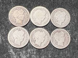 lot 47 image: GROUP OF 6 US BARBER DIMES