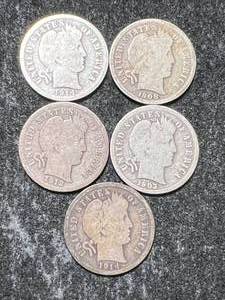 lot 52 image: GROUP OF 5 US BARBER DIMES