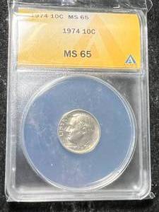 lot 54 image: 1974 US ROOSEVELT DIME ANACS MS65
