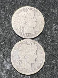lot 60 image: 2 US BARBER QUARTERS 1908-O 1909-D