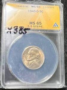 lot 75 image: 1940-D US JEFFERSON NICKEL ANACS MS65 5.5 STEPS